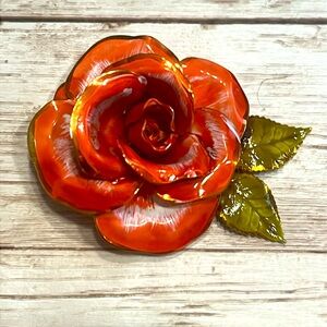 Vintage Coral Pink Orange Rose Brooch with Green Leaves Gold Dipped